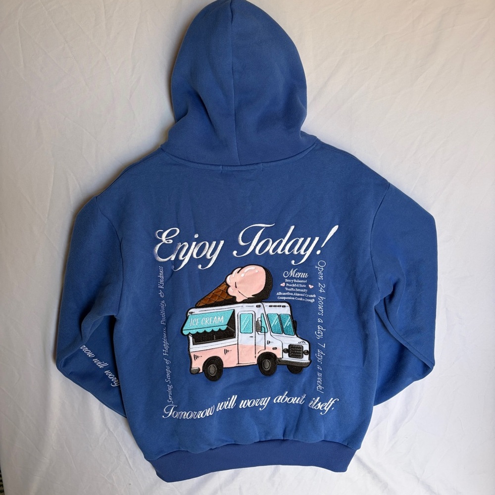 Altar'd State "Tomorrow Will Worry About Itself" Ice Cream Embroidery Blue Hoodi